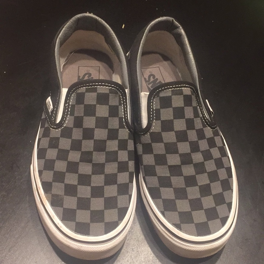 Black and Grey checkered slip on vans